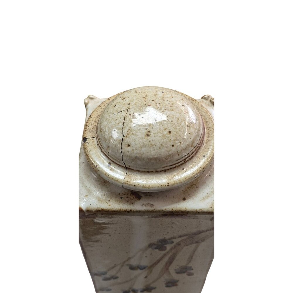 Heavy Stoneware Clay Urn Vase Rustic Floral Rectangular Brown & Beige Glaze - Picture 12 of 13